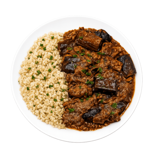 Μοσχαράκι με μελιτζάνες & quinoa